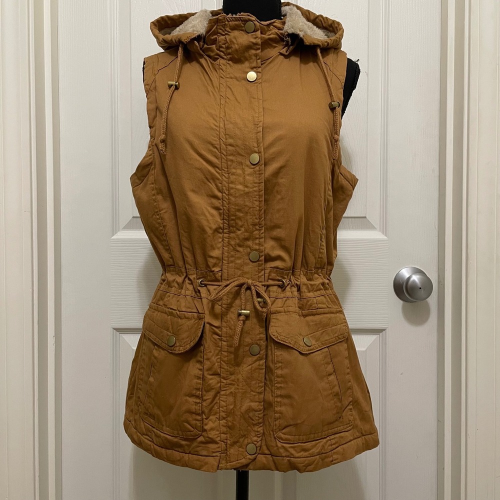 YMI Collection Hooded Vest Brown Faux Fur Lined Full Zip Drawstring Fits M - L - Picture 2 of 10